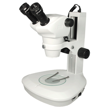 8X-50X Widefield Zoom Stereo Microscope, Binocular, Track Stand (Track Length 300mm) LED Top and Bottom Light, Fan Shaped Base, SKU SZ09010122, three quarter front view