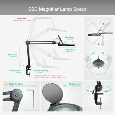 ESD 8 Diopter (3X) LED Magnifying Lamp with Clamp - 5-inch Glass Lens and Flip Cover
