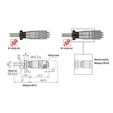 0-0.50″ Mechanical Micrometer Head Graduation 0.001″ 0.5" Flat with Clamp Nut Mechanical Micrometer Head (Thimble Diameter: Dia. 13mm, Reverse Reading) Mitutoyo-148-832