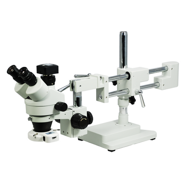 3.5X-45X Widefield Zoom Stereo Microscope, Trinocular, Double Arm Boom Stand, LED Light + 5M CMOS Digital Camera, SKU SZ02010533, three quarter front view