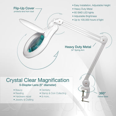 6 Diopter (2.5X) LED Magnifying Lamp with Clamp - 5-inch Glass Lens and Flip Cover