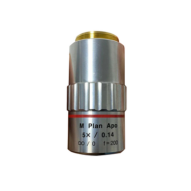 Objective Working Distance 34mm 5X Infinity-Corrected Super-Long Working Distance Plan Apochromatic Objective, SKU Mitutoyo-378-802-6-Objective-5, three quarter front view