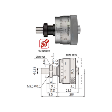 0-0.25″ Mechanical Micrometer Head Graduation 0.001″ 0.25" Flat with Clamp Nut Mechanical Micrometer Head (Thimble Diameter: Dia. 29mm), SKU Mitutoyo-148-356, three quarter front view