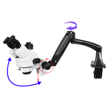 7X-45X Widefield Zoom Stereo Microscope, Trinocular, Pneumatic Articulating Arm Table Clamp