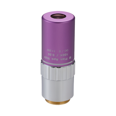 Objective Working Distance 11.0mm 100X Infinity Long Working Distance Plan Apochromatic NUV Objective, SKU Mitutoyo-378-819-15, three quarter front view