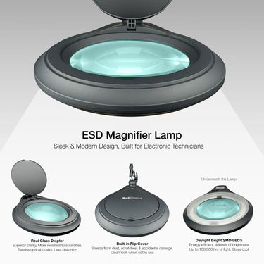 ESD 3 Diopter (1.75X) LED Magnifying Lamp with Clamp - 5-inch Glass Lens and Flip Cover