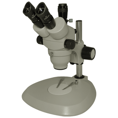 10X-65X Super Widefield Zoom Stereo Microscope, Trinocular, Post Stand, SKU SZ08010232, three quarter front view