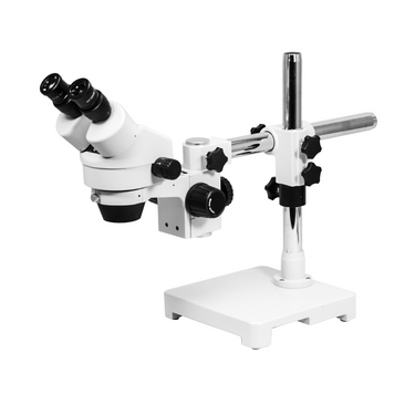 7X-45X Widefield Zoom Stereo Microscope, Binocular, Single Arm Boom Stand with Arbor, SKU SZ02010425, three quarter front view