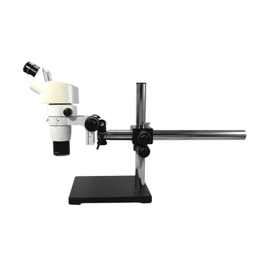 8X-80X Widefield Parallel Zoom Stereo Microscope, Binocular, Single Arm Boom Stand, Compensating 20° Viewing Angle