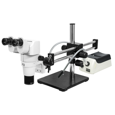 8-80X Halogen Light Dual Arm Stand Binocular Parallel Zoom Stereo Microscope, SKU PZ02050145, three quarter front view