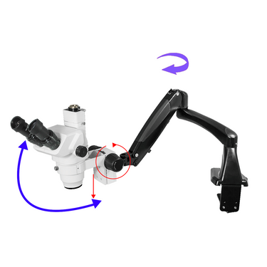 6.5X-45X Super Widefield Zoom Stereo Microscope, Trinocular, Pneumatic Flexible Arm Table Clamp